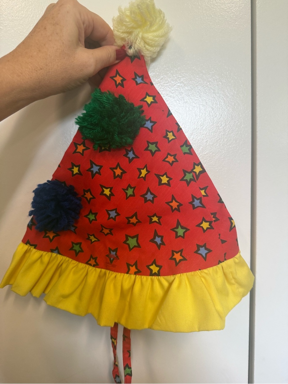 Vintage handmade clown Hat with Yellow Ruffle and Pom-Poms - Halloween, photos